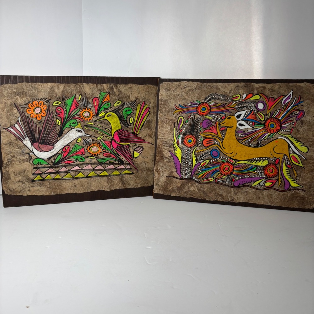 Set of‎ 2 Folk Art Paintings Birds Deer Textured Bark Paper MCM Vibrant Colors